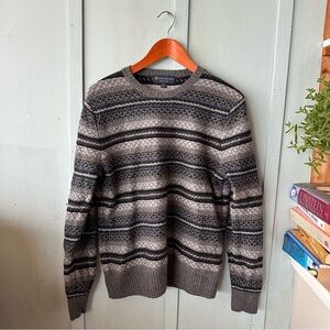 Brooks Brothers Fair Isle Merino Wool Blend Gray and Blue Crewneck Sweater